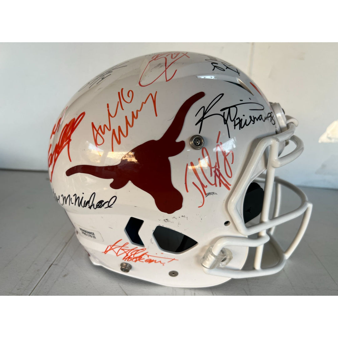 Texas Longhorns all time greats (21) Earl Campbell, Vince Young, Ricky Williams authentic game model Schutt speed helmet signed with proof