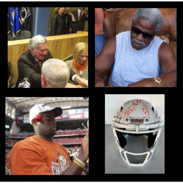 Texas Longhorns all time greats (21) Earl Campbell, Vince Young, Ricky Williams authentic game model Schutt speed helmet signed with proof