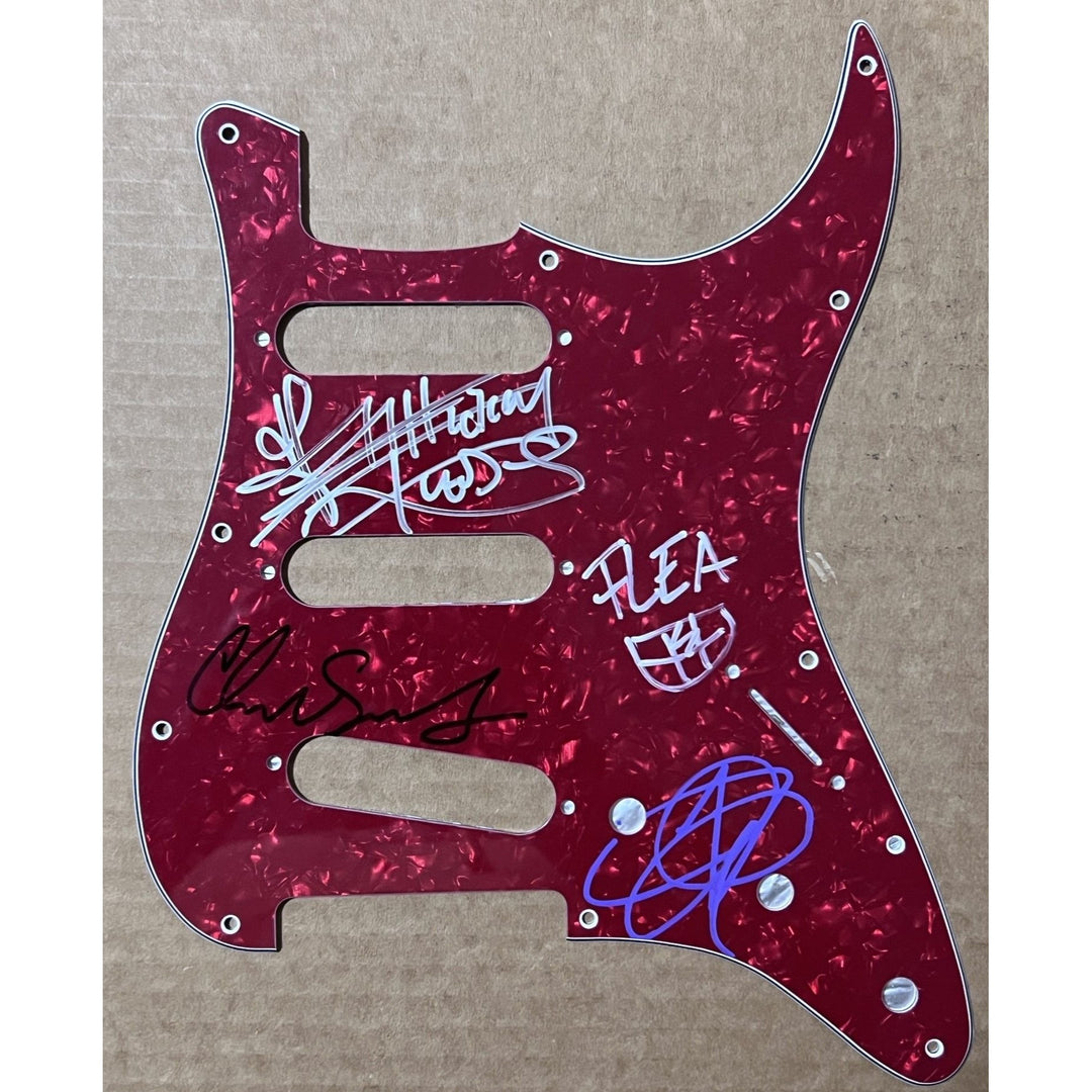 Red Hot Chili Peppers Anthony Kiedis, Flea, Chad Smith, John Frusciante stratocaster electric guitar pickguard signed with proof