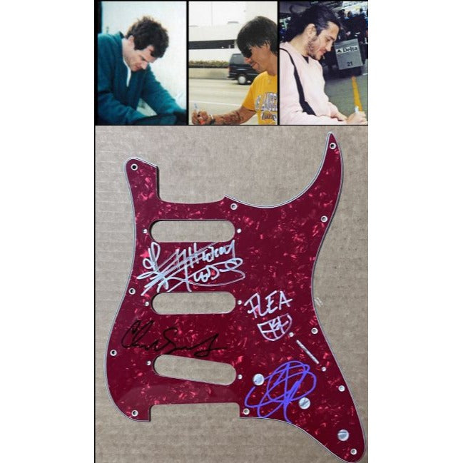 Red Hot Chili Peppers Anthony Kiedis, Flea, Chad Smith, John Frusciante stratocaster electric guitar pickguard signed with proof