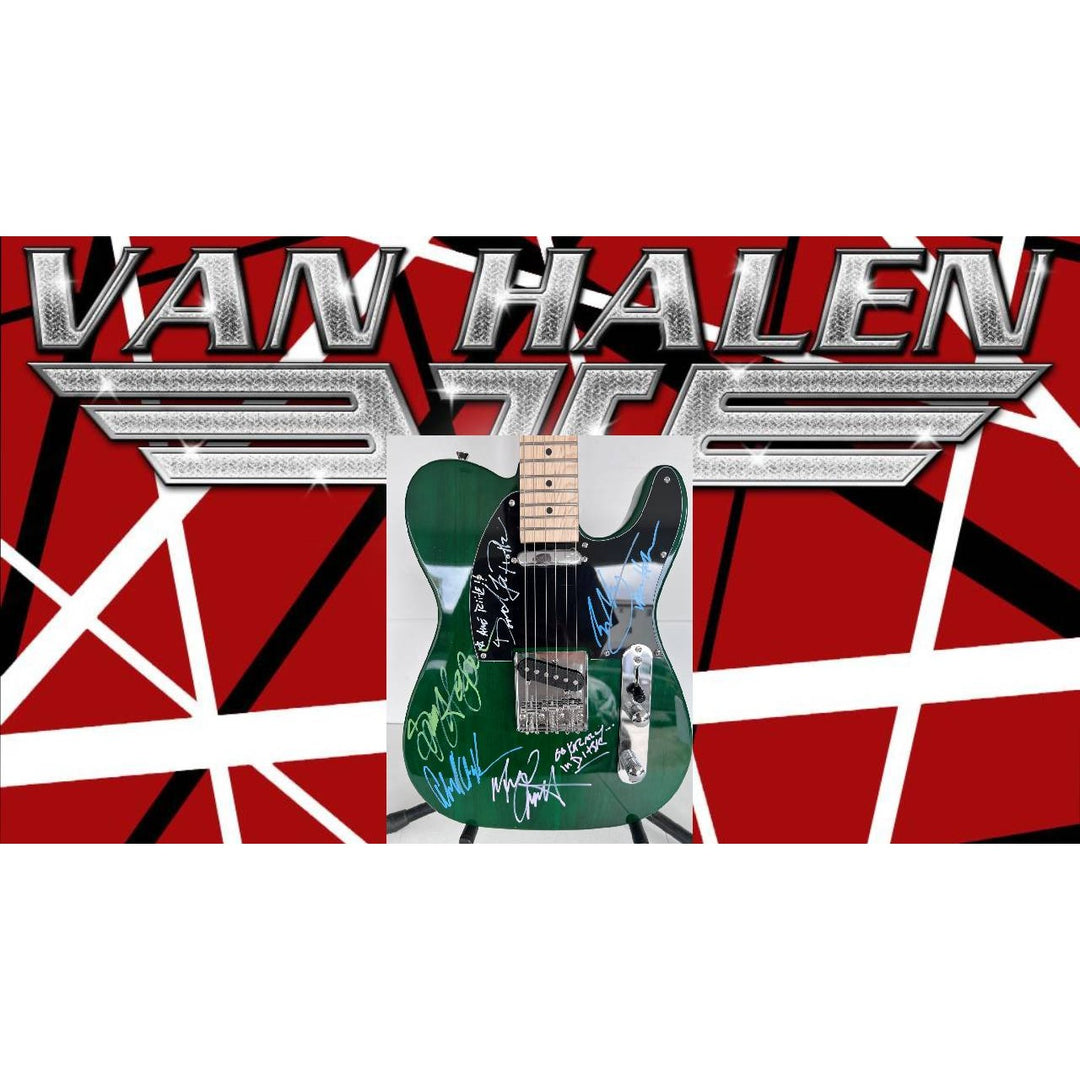 Van Halen green telecaster electric guitar Eddie & Alex Van Halen, Michael Anthony, David Lee Roth Sammy Hagar signed with proof.