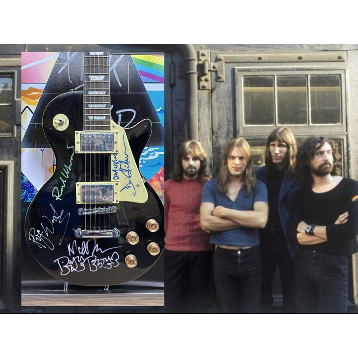 21x44 framed Pink Floyd Roger Waters David Gilmour Richard Wright Nick Mason vintage black les paul electric guitar signed with proof.