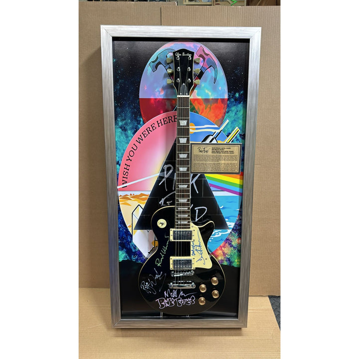 21x44 framed Pink Floyd Roger Waters David Gilmour Richard Wright Nick Mason vintage black les paul electric guitar signed with proof.