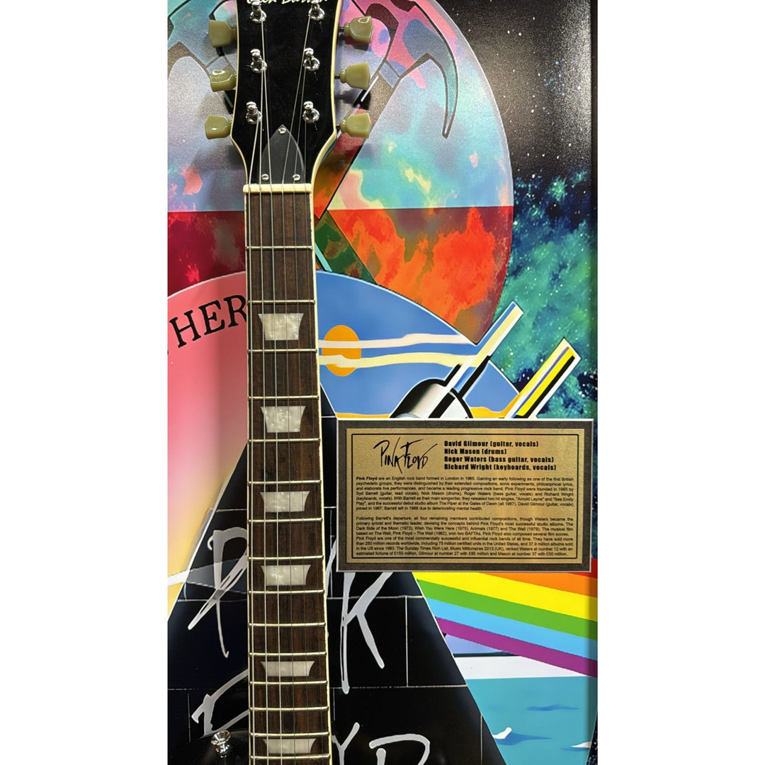 21x44 framed Pink Floyd Roger Waters David Gilmour Richard Wright Nick Mason vintage black les paul electric guitar signed with proof.