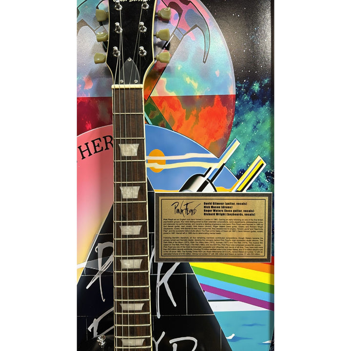 21x44 framed Pink Floyd Roger Waters David Gilmour Richard Wright Nick Mason vintage black les paul electric guitar signed with proof.