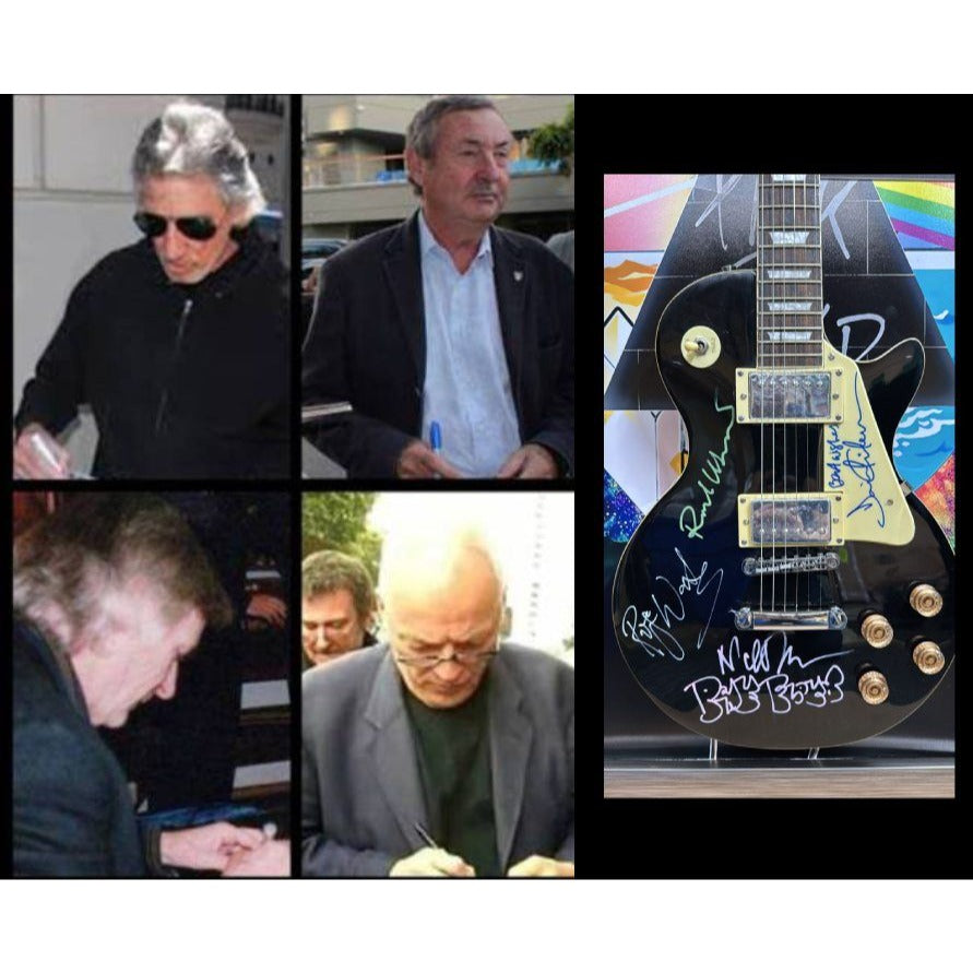 21x44 framed Pink Floyd Roger Waters David Gilmour Richard Wright Nick Mason vintage black les paul electric guitar signed with proof.