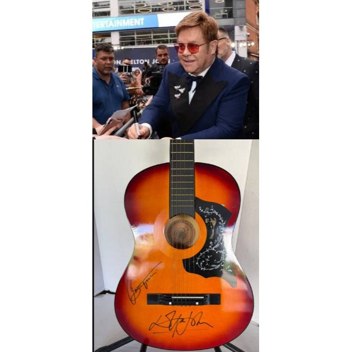 Bernie Taupin and Elton John vintage acoustic guitar signed with proof