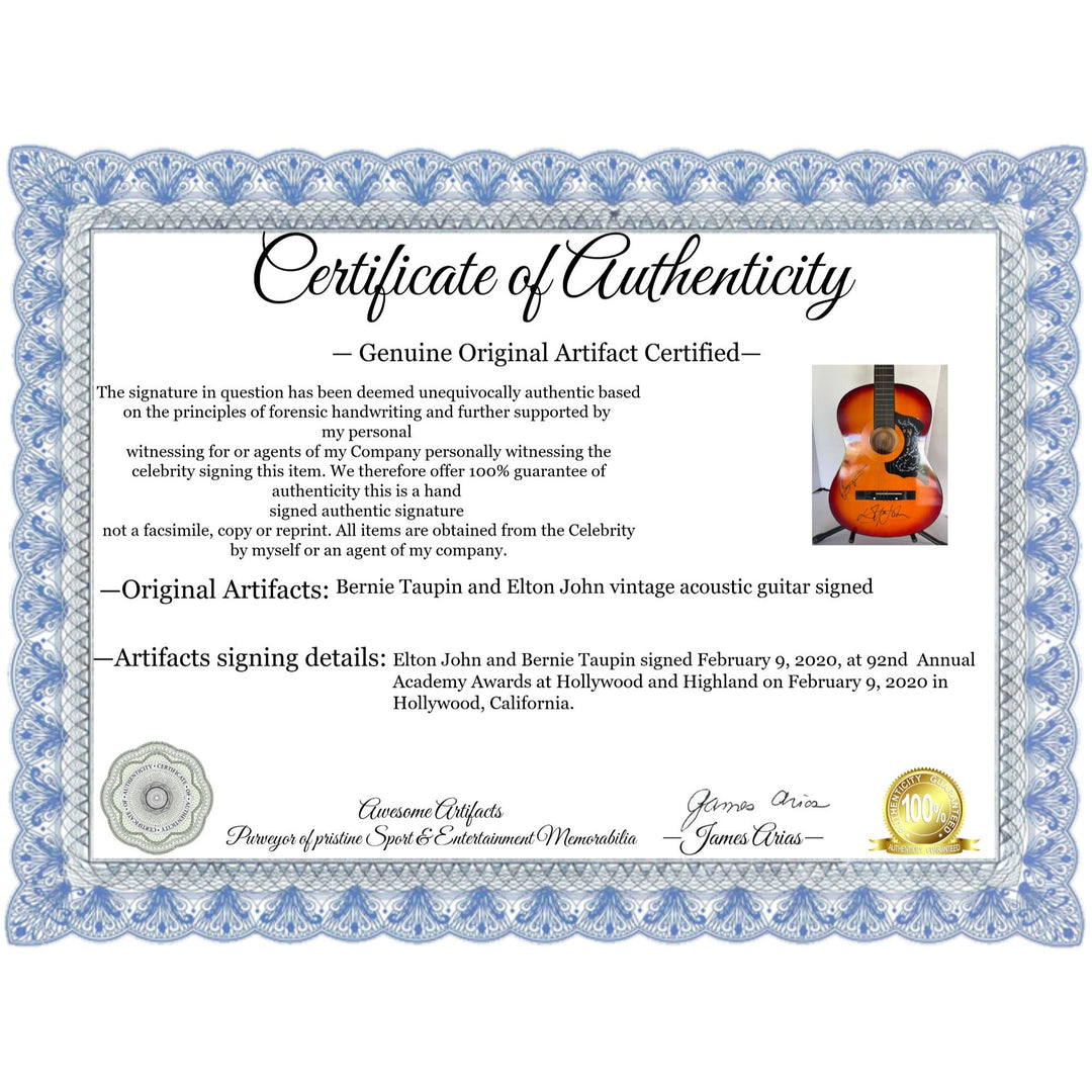 Bernie Taupin and Elton John vintage acoustic guitar signed with proof