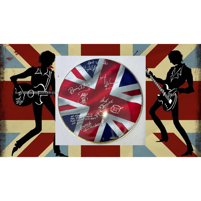 UK British flag The Rolling Stones Mick Jagger, Bill Wyman, Keith Richards, Charlie Watts, Ronnie Wood 22" drum head signed with proof