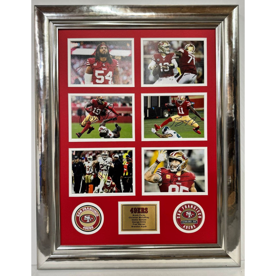 Christian McCaffrey Deebo Samuel Brock Purdy San Francisco 49ers 5x7 photos in museum quality frame 22x28 signed with proof