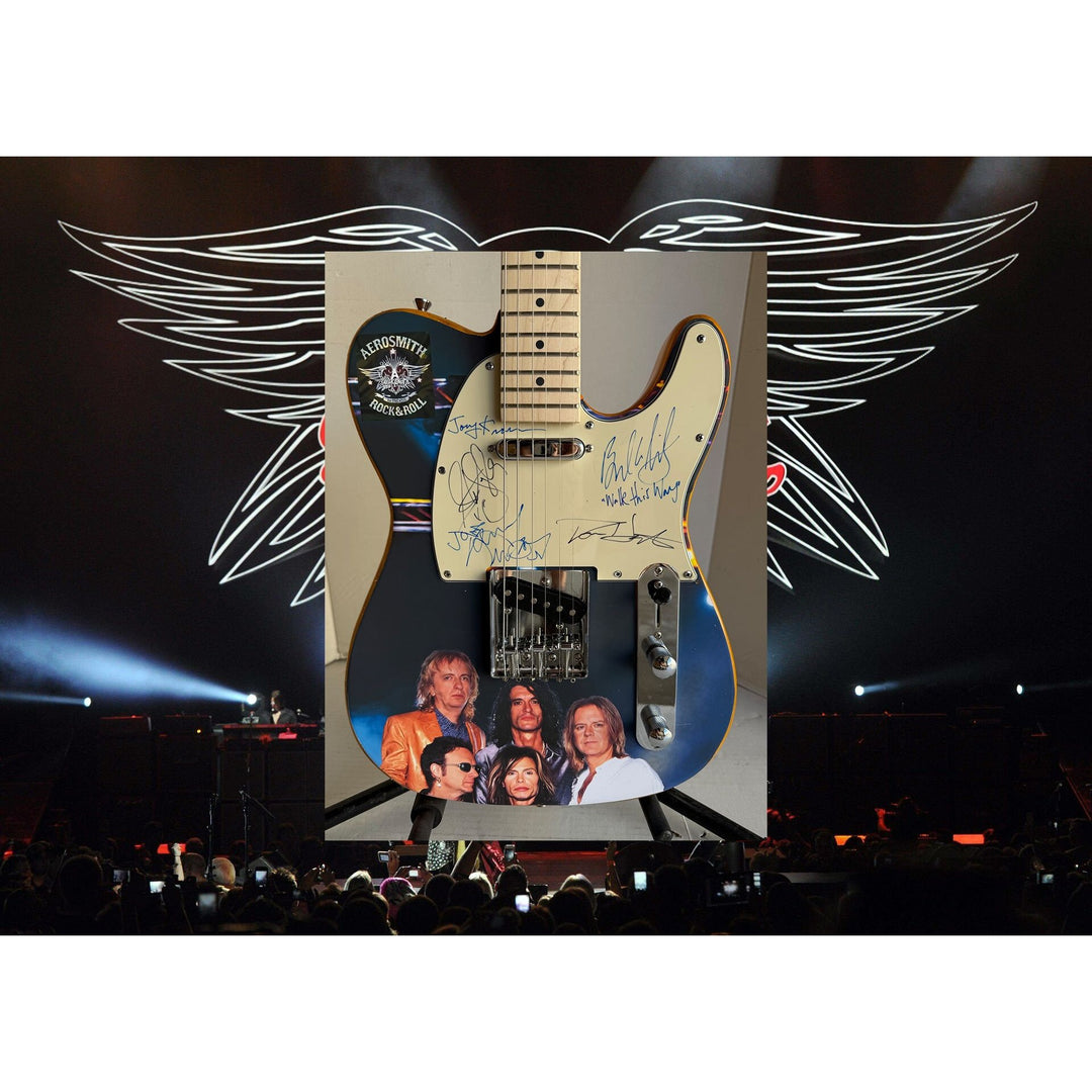 Aerosmith Steven Tyler Joe Perry Joey Kramer Brad Whitford butterscoth one of a kind telecaster electric guitar signed with proof.
