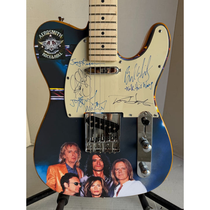 Aerosmith Steven Tyler Joe Perry Joey Kramer Brad Whitford butterscoth one of a kind telecaster electric guitar signed with proof.