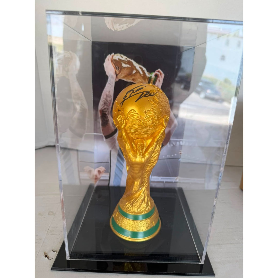 Lionel Messi 2022 World Cup Replica Trophy Resin Sculpture (14.2 inch) signed with proof.