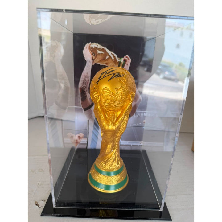 Lionel Messi 2022 World Cup Replica Trophy Resin Sculpture (14.2 inch) signed with proof.