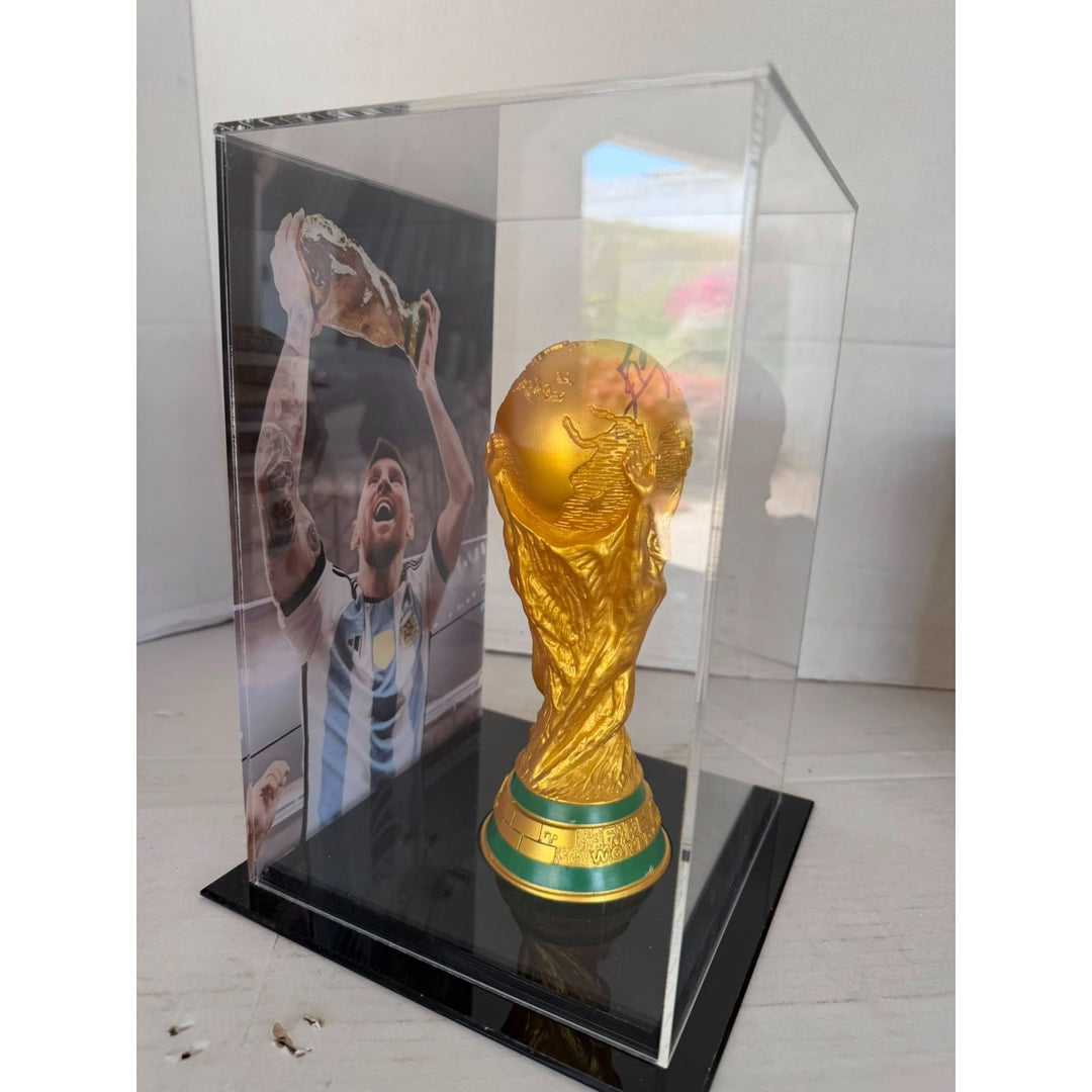 Lionel Messi 2022 World Cup Replica Trophy Resin Sculpture (14.2 inch) signed with proof.