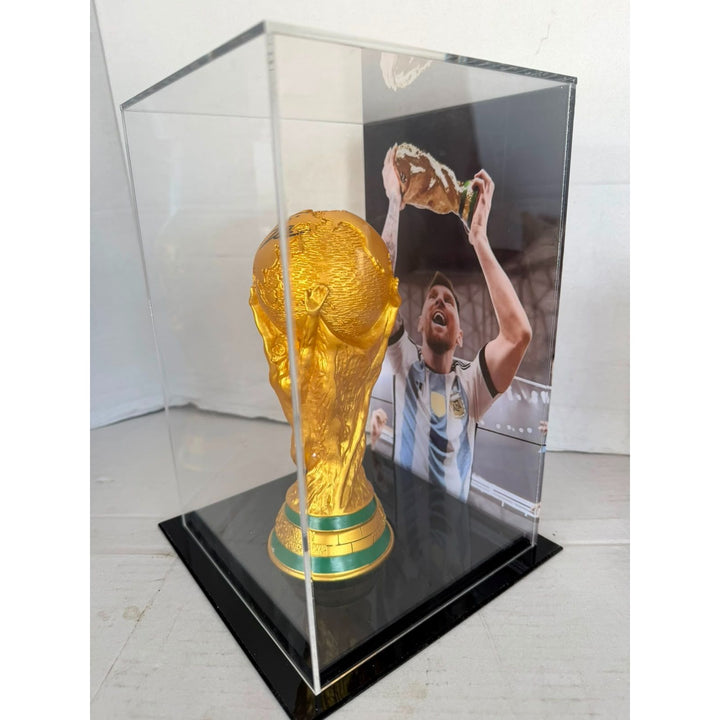 Lionel Messi 2022 World Cup Replica Trophy Resin Sculpture (14.2 inch) signed with proof.