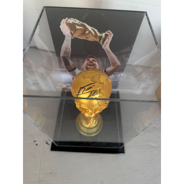 Lionel Messi 2022 World Cup Replica Trophy Resin Sculpture (14.2 inch) signed with proof.