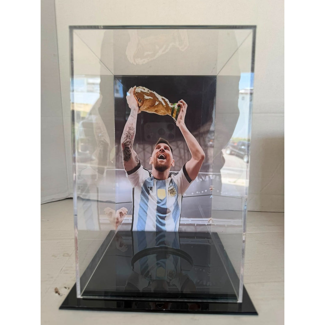 Lionel Messi 2022 World Cup Replica Trophy Resin Sculpture (14.2 inch) signed with proof.