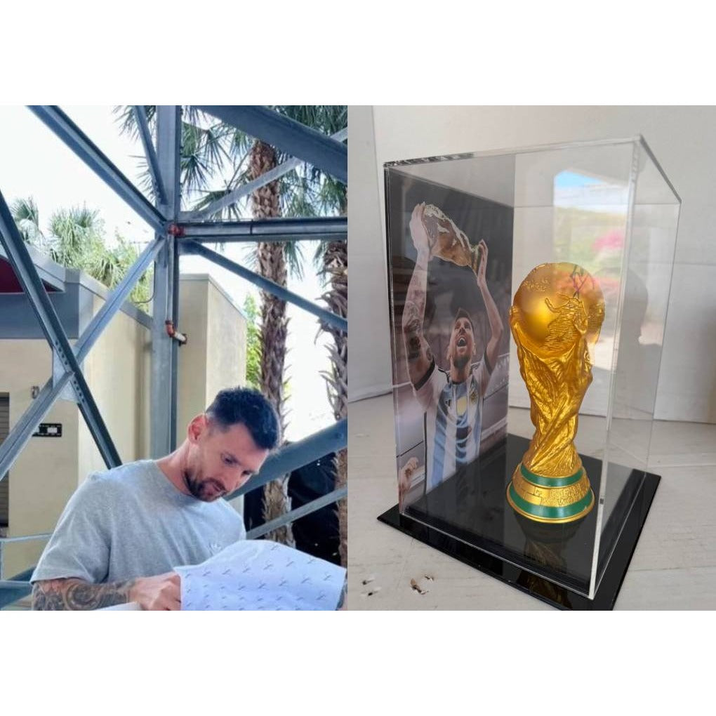 Lionel Messi 2022 World Cup Replica Trophy Resin Sculpture (14.2 inch) signed with proof.