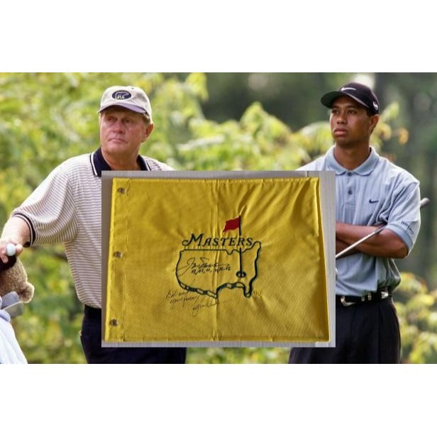 Jack Nicklaus & Tiger Woods Masters golf tournament embroidered golf pin flag signed with proof