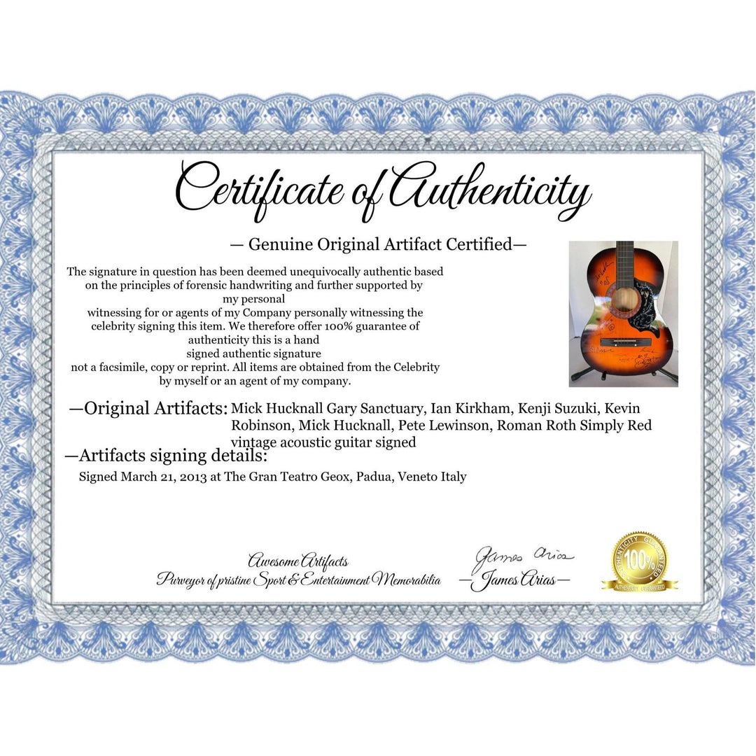 Mick Hucknall Gary Sanctuary Ian Kirkham Kenji Suzuki Kevin Robinson Mick Hucknall Pete Lewinson Simply Red vintage acoustic guitar signed