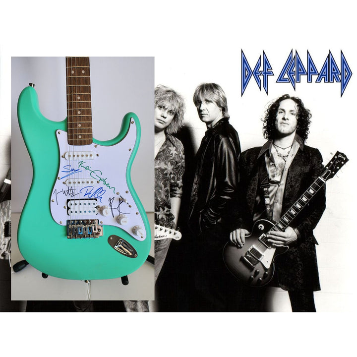 Def Leppard Phil Collen, Vivian Campbell, Joe Elliott, Rick Savage, Rick Allen Fender Stratocaster electric guitar signed with proof