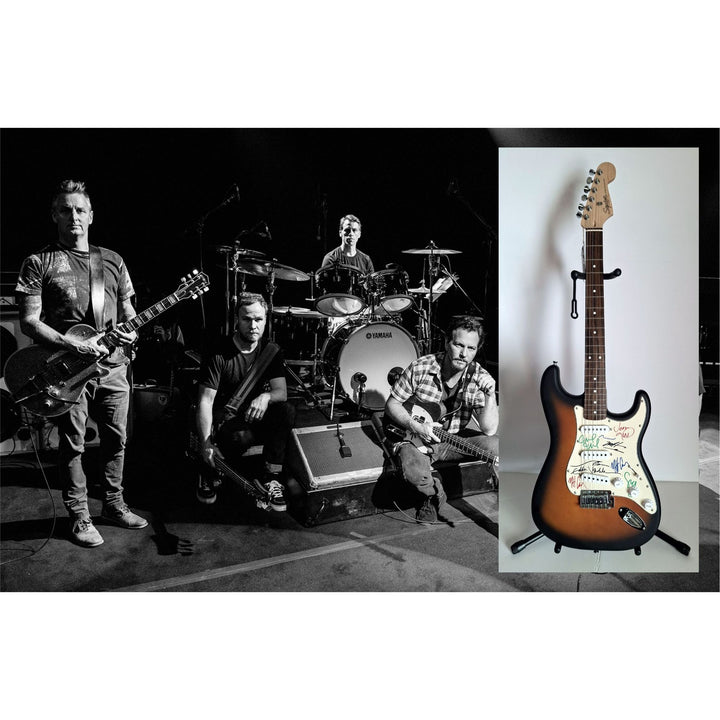 Pearl Jam, Eddie Vedder, Stone Gossard, Matt McCready, Matt Cameron, Jeff Amen, Fender Stratocaster Squier electric guitar signed with proof