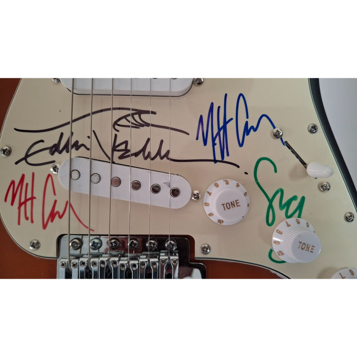Pearl Jam, Eddie Vedder, Stone Gossard, Matt McCready, Matt Cameron, Jeff Amen, Fender Stratocaster Squier electric guitar signed with proof