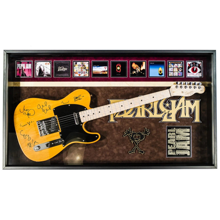 Pearl Jam, Eddie Vedder, Stone Gossard, Matt McCready, Matt Cameron, Jeff Amen, Fender Stratocaster Squier electric guitar signed with proof