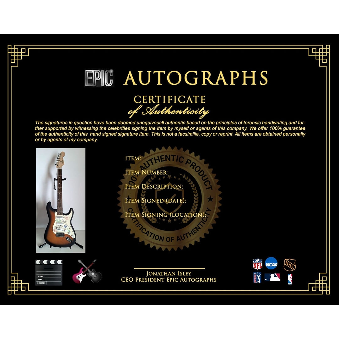 Pearl Jam, Eddie Vedder, Stone Gossard, Matt McCready, Matt Cameron, Jeff Amen, Fender Stratocaster Squier electric guitar signed with proof