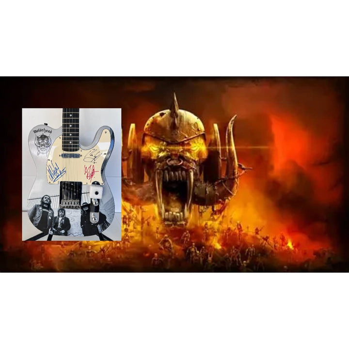 Lemmy Kilmister, guitarist Larry Wallis and drummer Lucas Fox Motörhead "One of a Kind" telecaster full size electric guitar signed.
