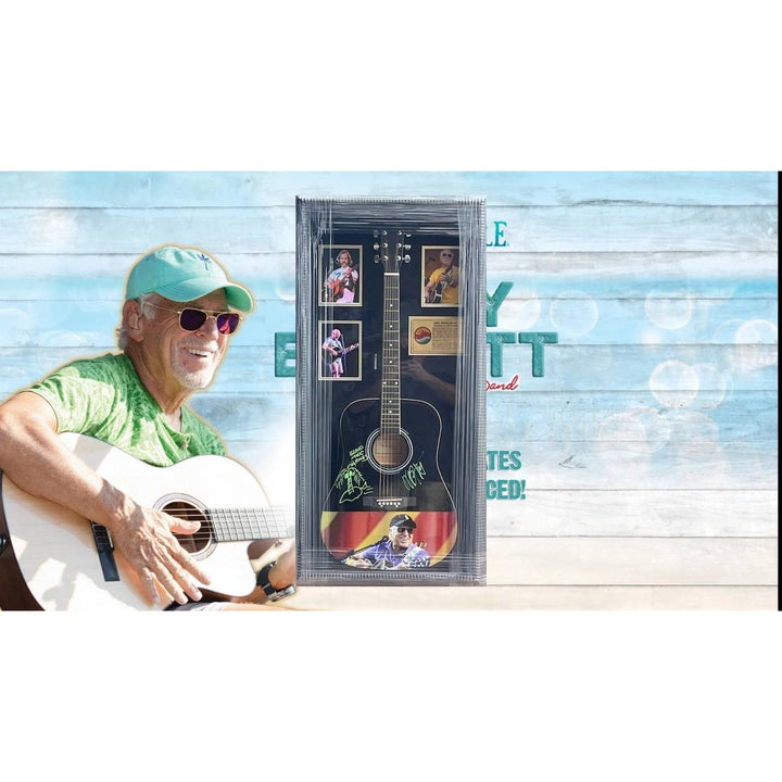 Jimmy Buffett full size acoustic guitar signed with sketch with proof and museum quality frame 21x46 inches.