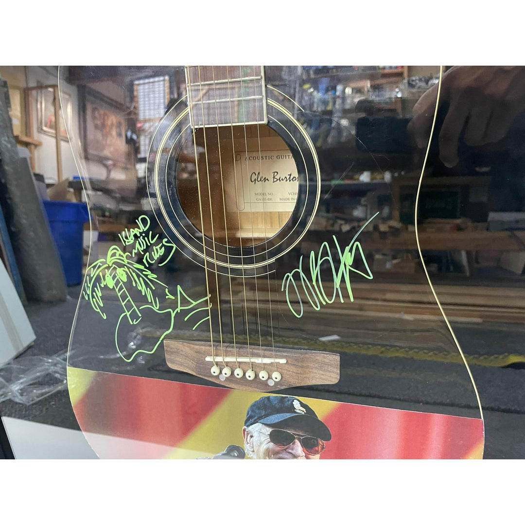 Jimmy Buffett full size acoustic guitar signed with sketch with proof and museum quality frame 21x46 inches.