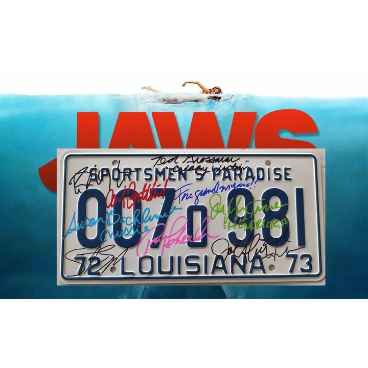 Jaws authentic metal license plate Roy Scheider Chief Brody Richard Dreyfuss Matt Hooper Susan Buckley Ted Grossman Carl got leave Jeffrey K