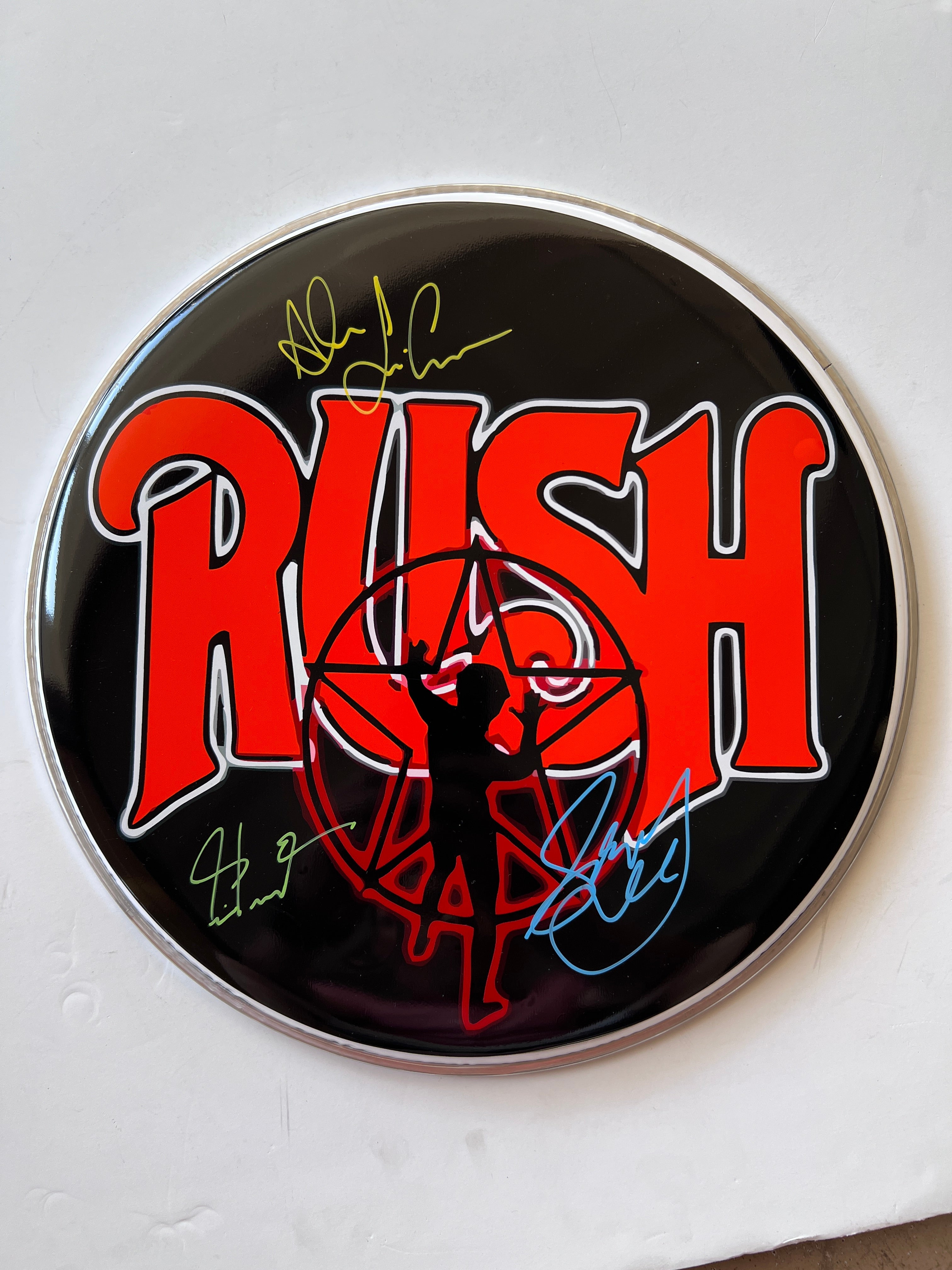 Rush Geddy Lee, Neil Peart, Alex Lifeson one-of-a-kind drumhead signed with proof