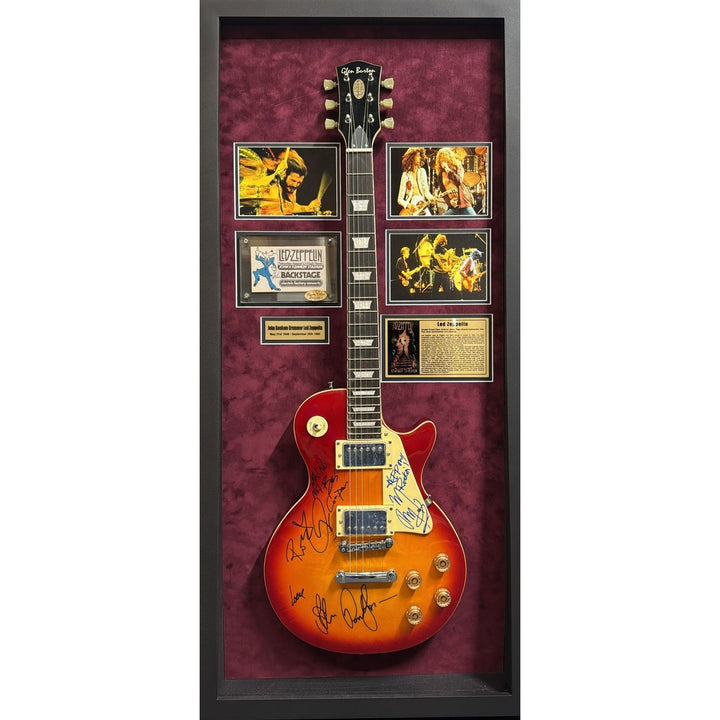 Led Zeppelin Jimmy Page Robert Plant John Paul Jones signed with inscriptions plus John Bonham concert ticket signed and framed with proof.
