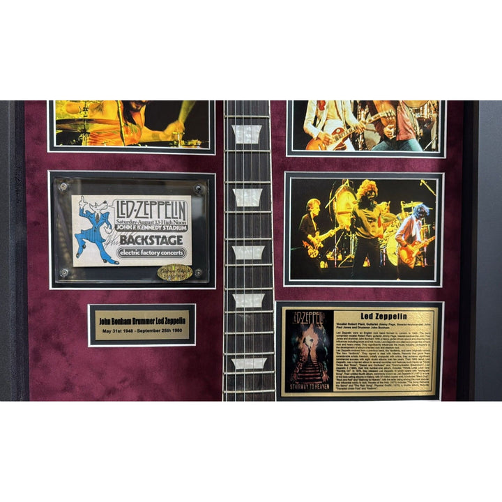 Led Zeppelin Jimmy Page Robert Plant John Paul Jones signed with inscriptions plus John Bonham concert ticket signed and framed with proof.