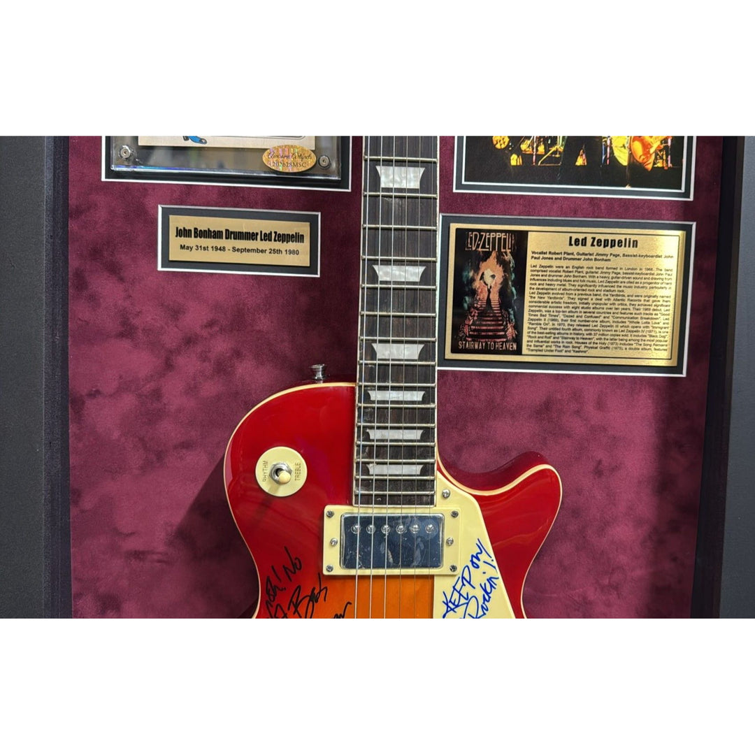Led Zeppelin Jimmy Page Robert Plant John Paul Jones signed with inscriptions plus John Bonham concert ticket signed and framed with proof.