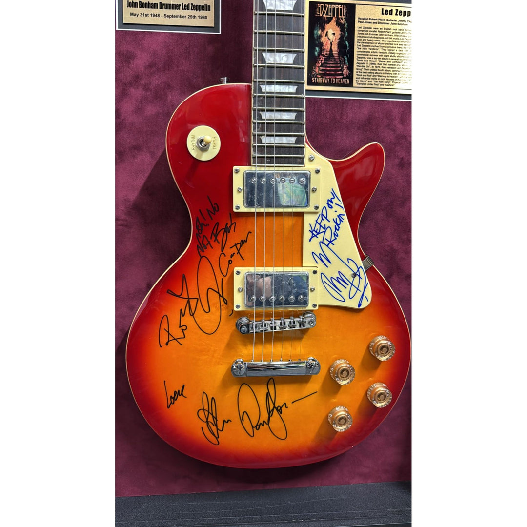 Led Zeppelin Jimmy Page Robert Plant John Paul Jones signed with inscriptions plus John Bonham concert ticket signed and framed with proof.
