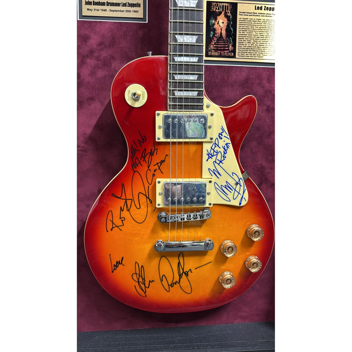Led Zeppelin Jimmy Page Robert Plant John Paul Jones signed with inscriptions plus John Bonham concert ticket signed and framed with proof.