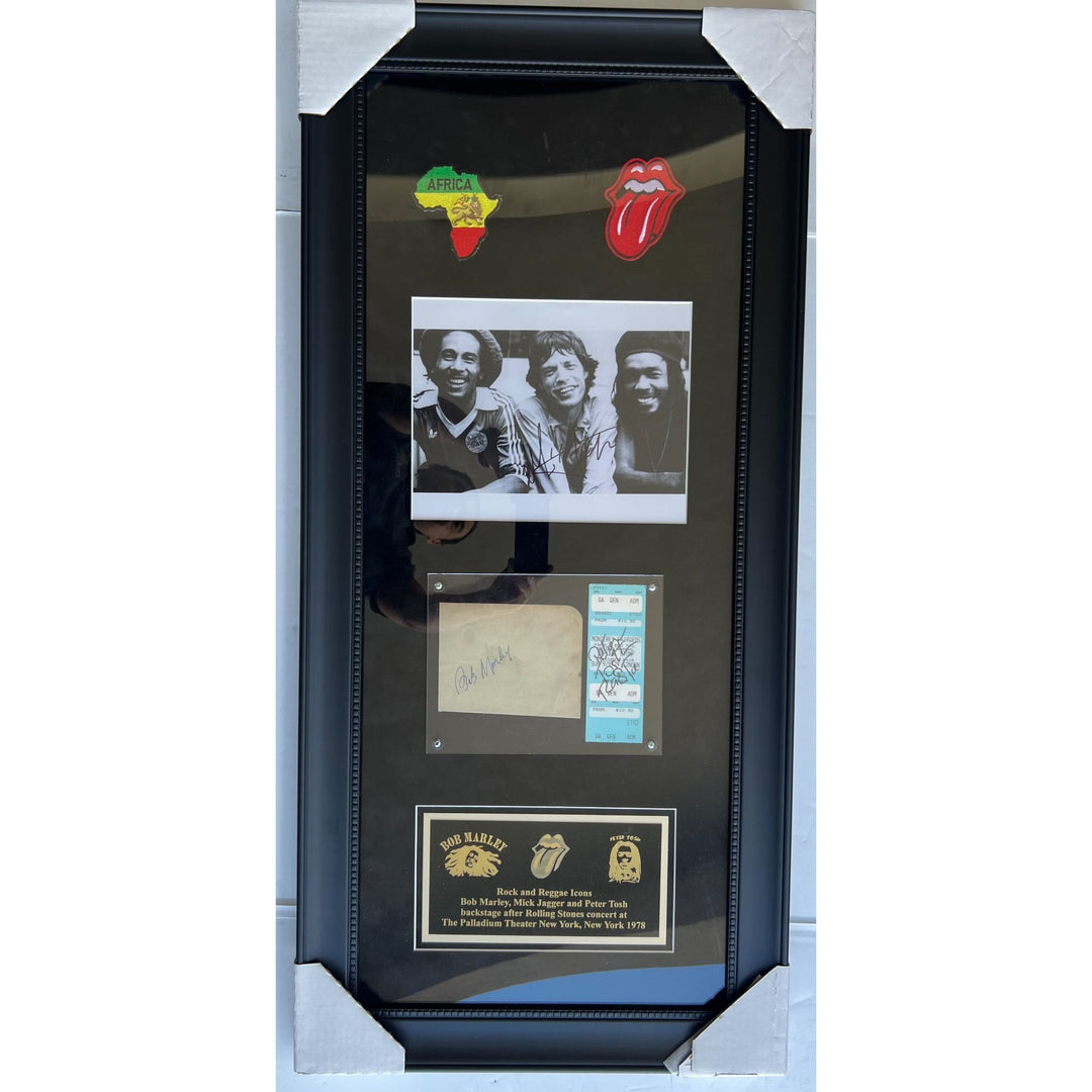 Reggae icons Bob Marley (Autograph book page) & Peter Tosh (concert ticket signed) and Rolling Stones lead singer Mick Jagger (8x10 signed)