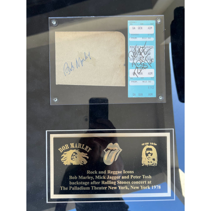 Reggae icons Bob Marley (Autograph book page) & Peter Tosh (concert ticket signed) and Rolling Stones lead singer Mick Jagger (8x10 signed)