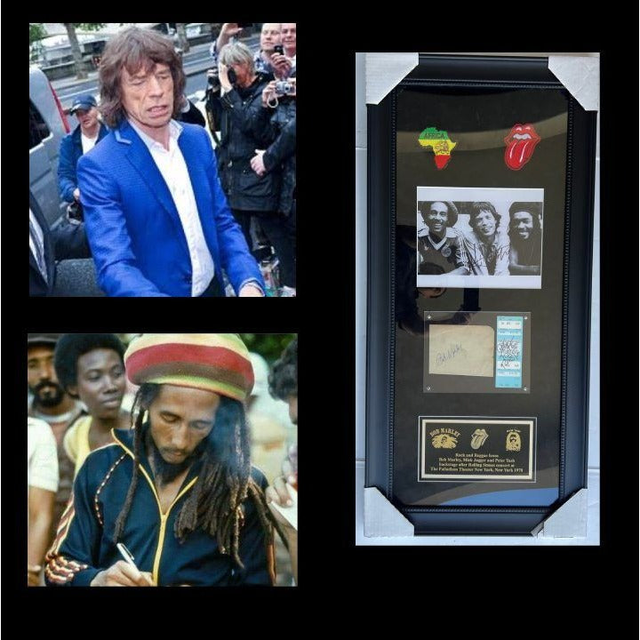 Reggae icons Bob Marley (Autograph book page) & Peter Tosh (concert ticket signed) and Rolling Stones lead singer Mick Jagger (8x10 signed)