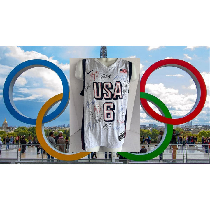 LeBron James, Stephen Curry, Kevin Durant, Anthony Edwards USA 2024 team signed Olympics jersey signed with proof