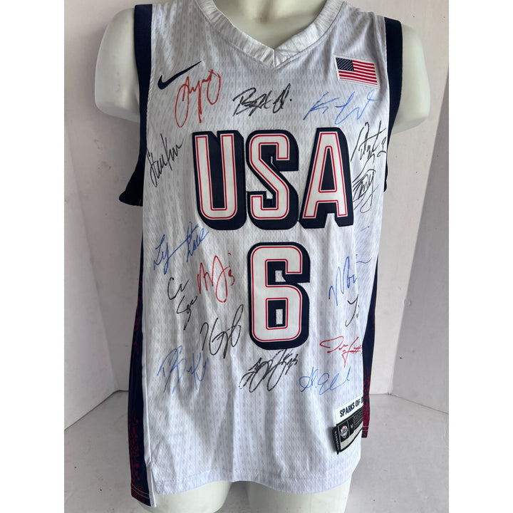 LeBron James, Stephen Curry, Kevin Durant, Anthony Edwards USA 2024 team signed Olympics jersey signed with proof