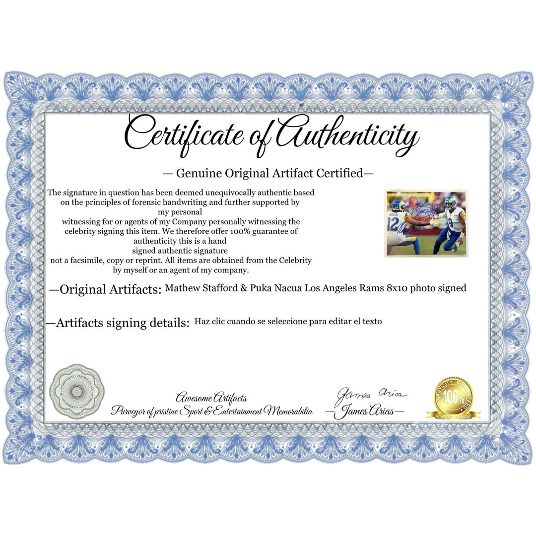 Mathew Stafford & Puka Nacua Los Angeles Rams 8x10 photo signed with proof