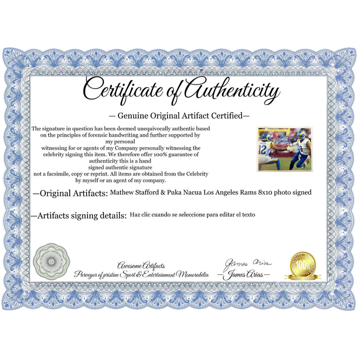 Mathew Stafford & Puka Nacua Los Angeles Rams 8x10 photo signed with proof