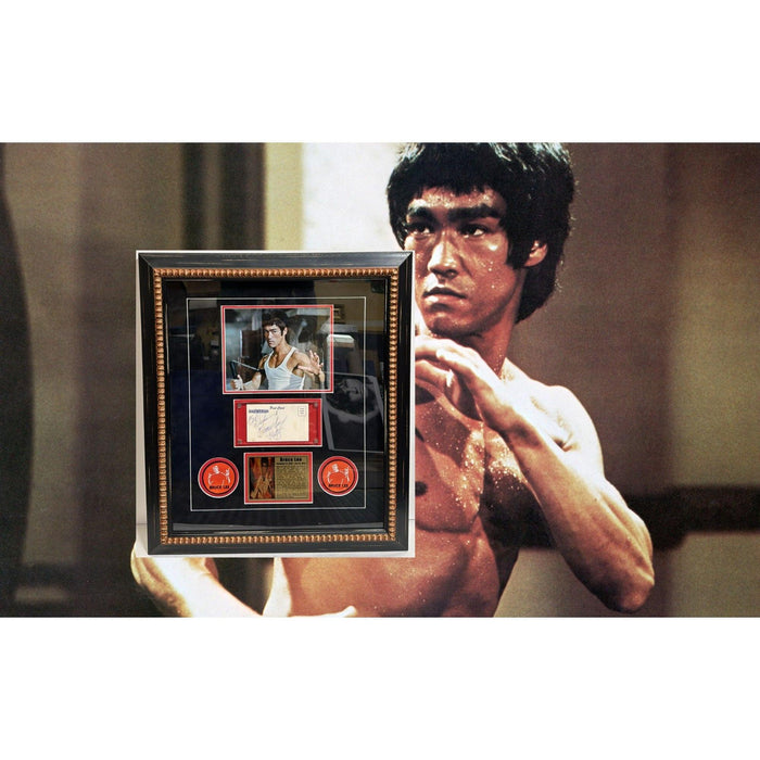 Bruce Lee a true icon in Martial Arts vintage postcard signed and inscribed with museum quality frame