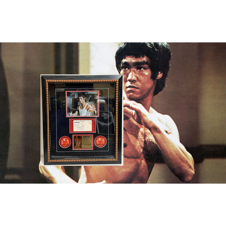 Bruce Lee a true icon in Martial Arts vintage postcard signed and inscribed with museum quality frame.