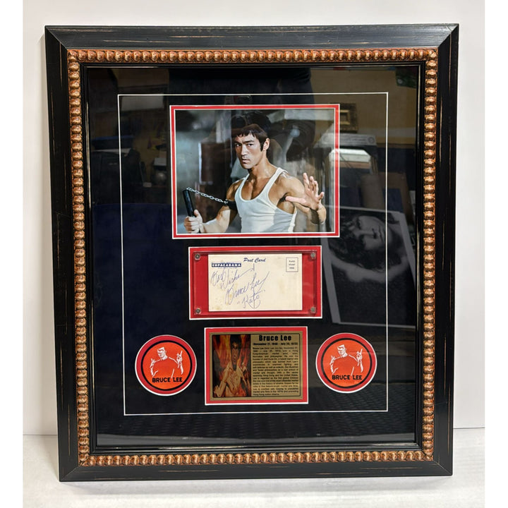 Bruce Lee a true icon in Martial Arts vintage postcard signed and inscribed with museum quality frame.